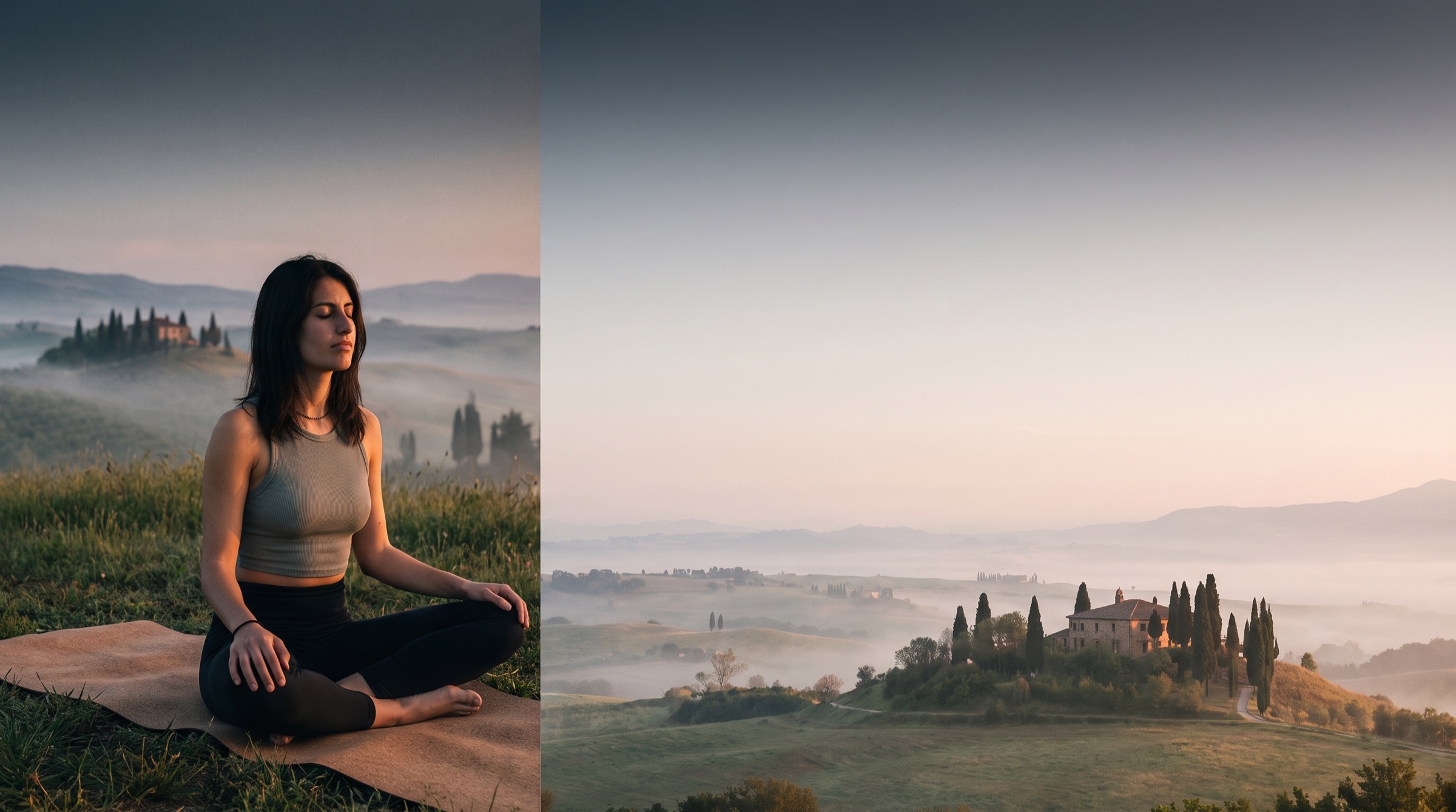 Martina medita all'alba sulle colline toscane