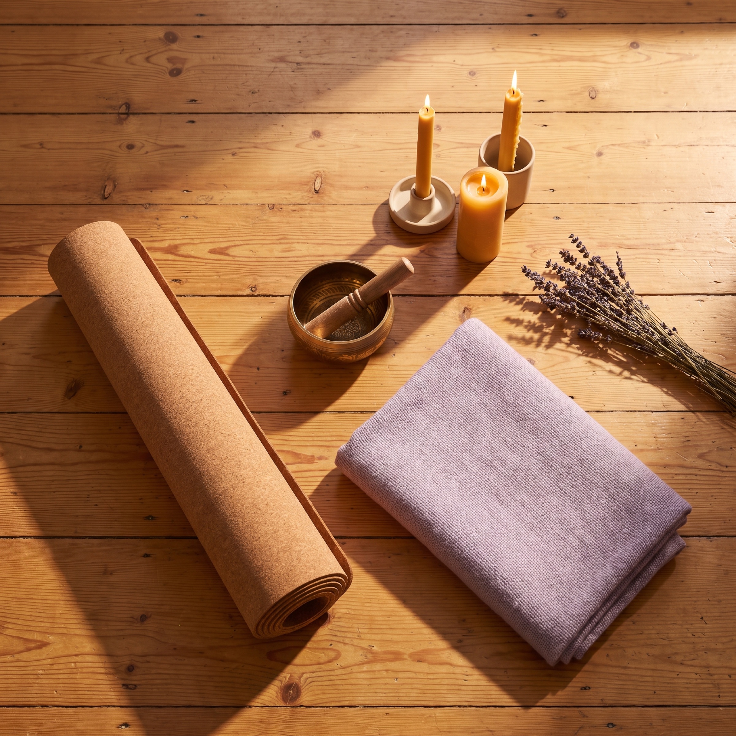 Tappetino, coperta, candele e lavanda